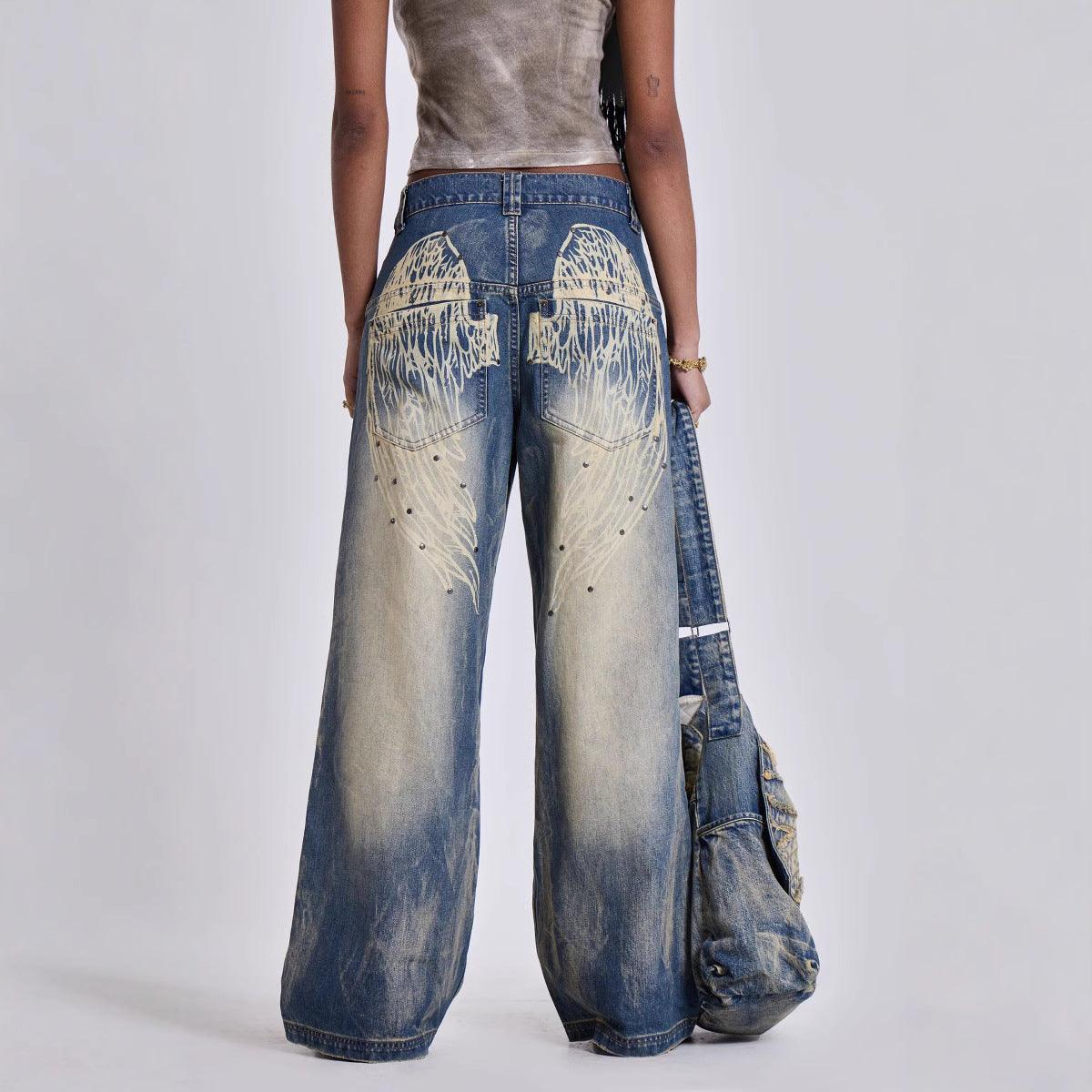 Denim – | Washed Old Gradient Wings Printing Retro Loose Wide Leg - Modestly Vogue 