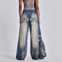 Denim – | Washed Old Gradient Wings Printing Retro Loose Wide Leg - Modestly Vogue 