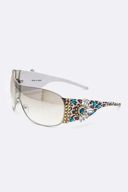 Trendy Sunglasses for Women – Stylish & UV-Protected Eyewear for Every Look | Modestly Vogue Austrian Crystal Ornate Shield Sunglasses - Modestly Vogue 