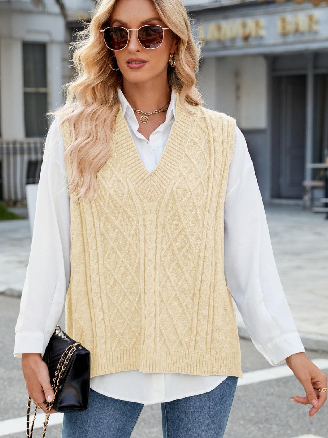 Cable Knit V-Neck Sweater Vest – - Modestly Vogue 