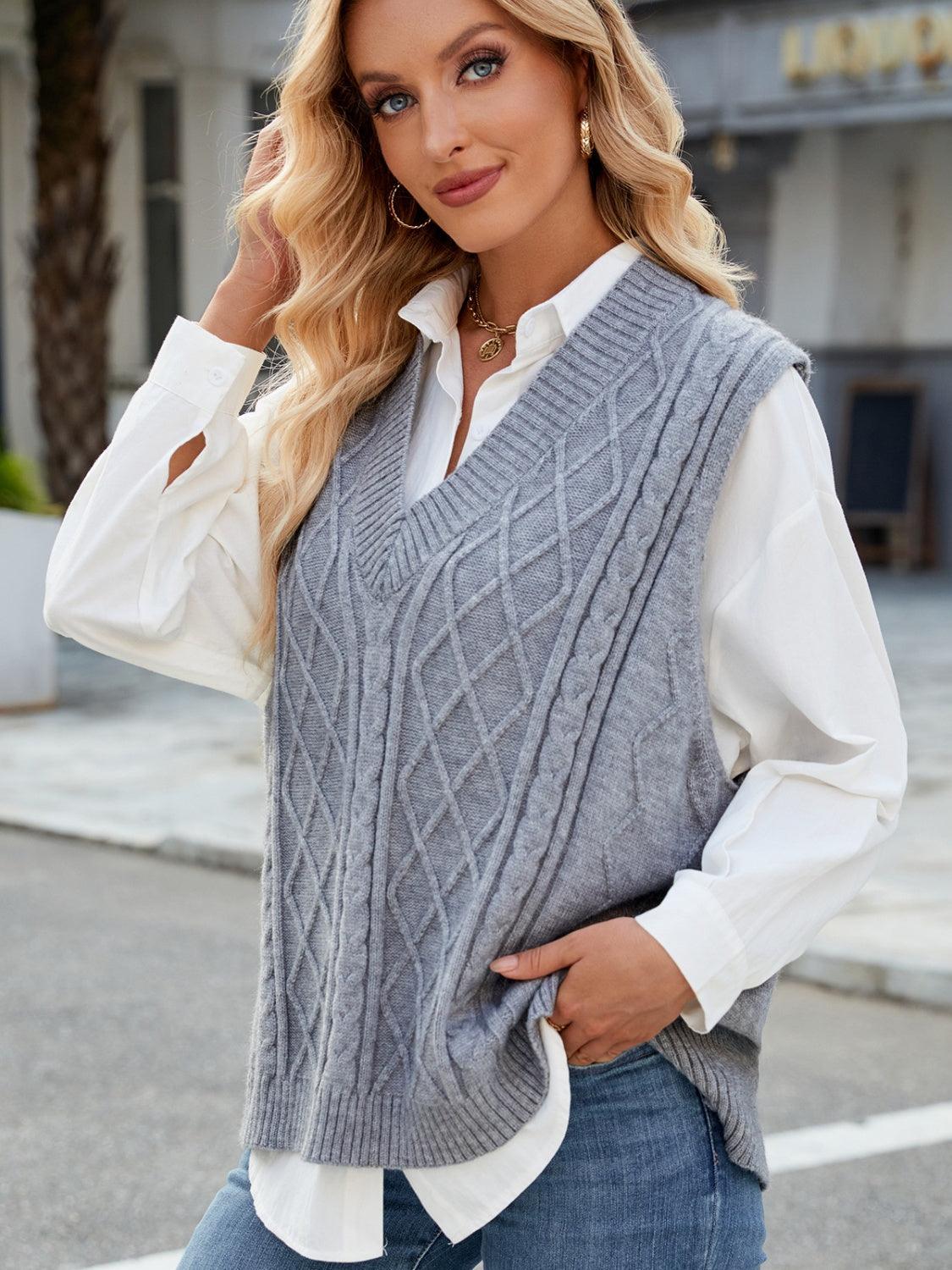 Cable Knit V-Neck Sweater Vest – - Modestly Vogue 