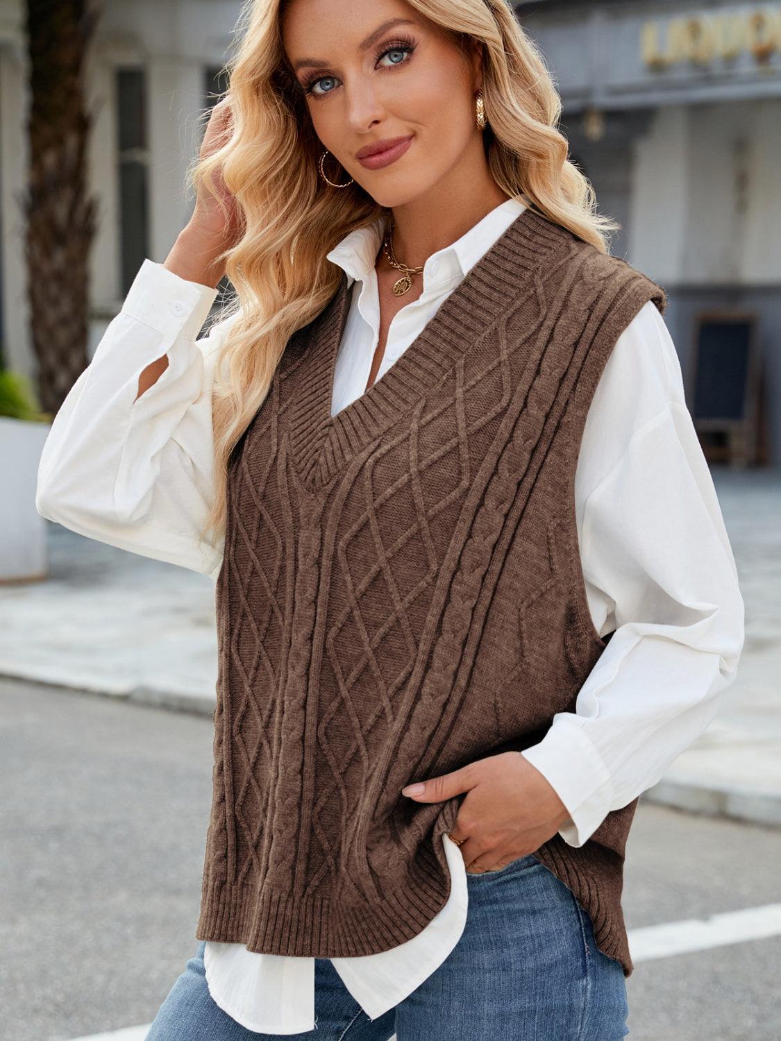 Cable Knit V-Neck Sweater Vest – - Modestly Vogue 