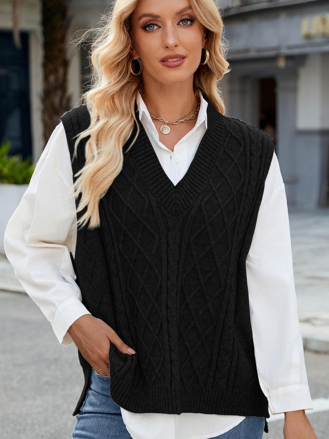 Cable Knit V-Neck Sweater Vest – - Modestly Vogue 