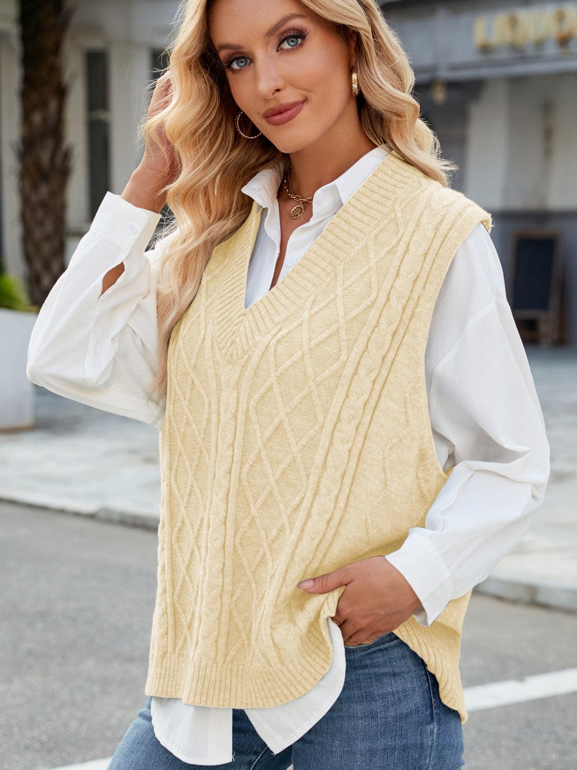 Cable Knit V-Neck Sweater Vest – - Modestly Vogue 