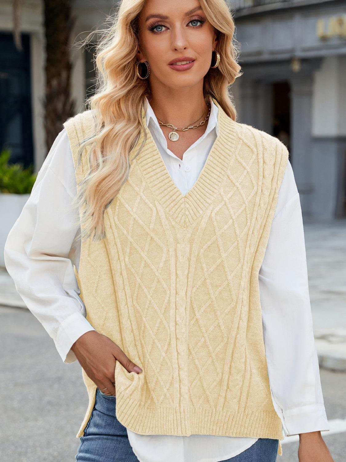 Cable Knit V-Neck Sweater Vest – - Modestly Vogue 