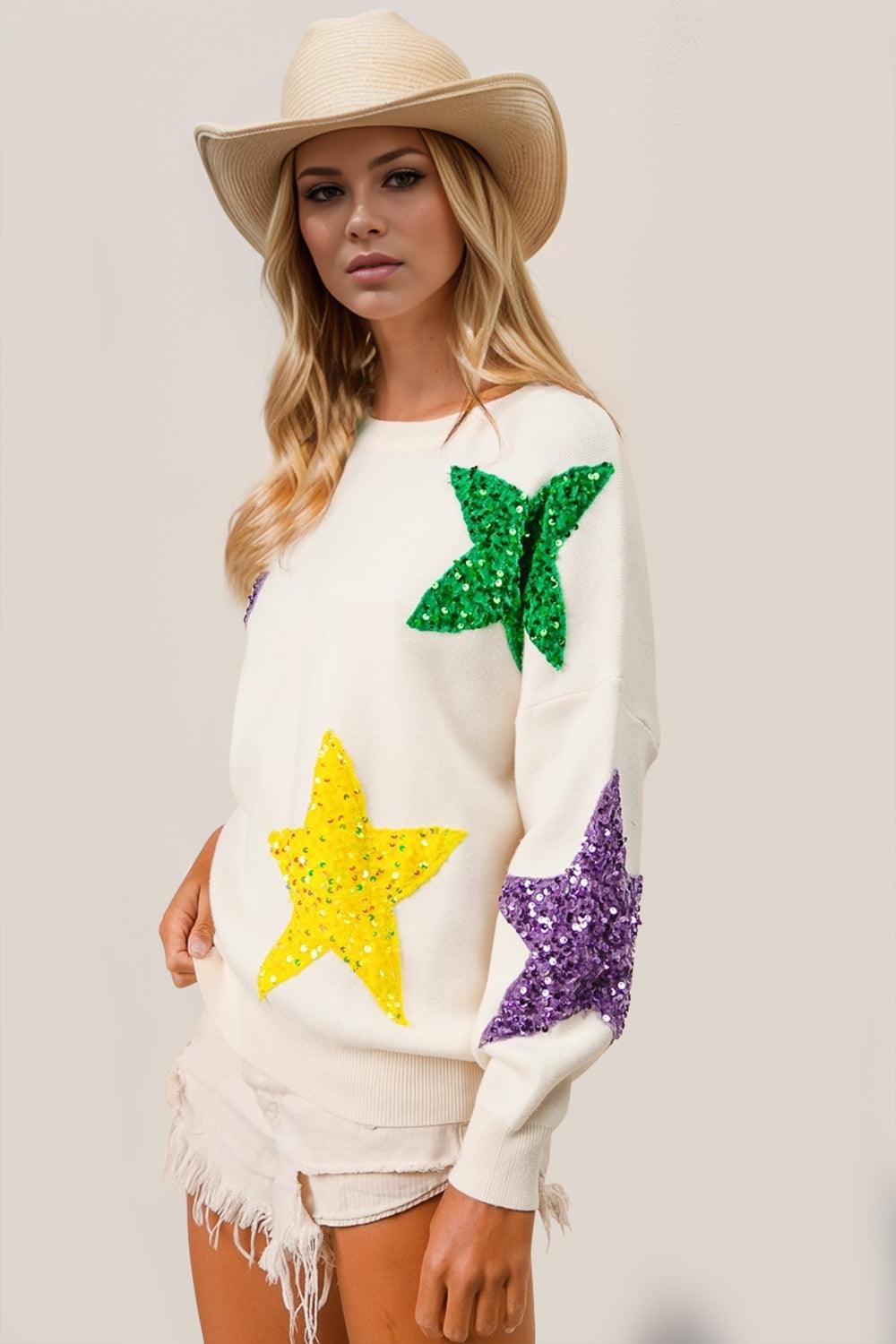 Trendy Sweaters for Women – Stylish & Comfortable Knitwear for Every Season | Modestly Vogue Double Take Sequin Star Round Neck Dropped Shoulder Sweater - Modestly Vogue 