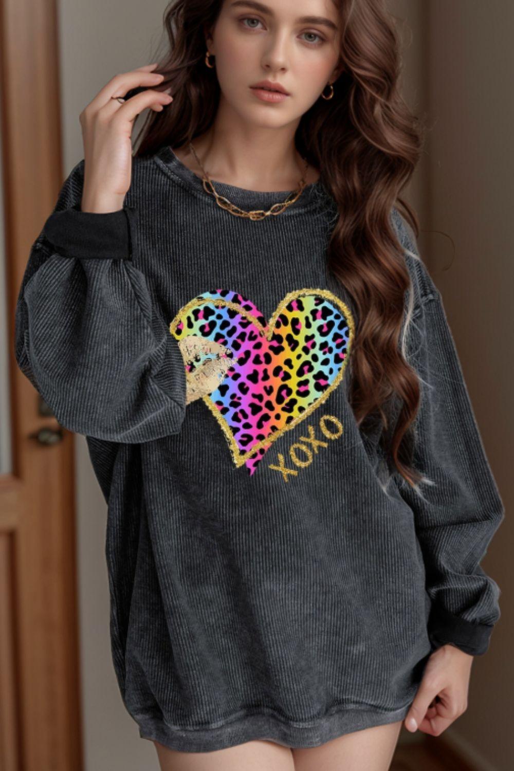 Leopard Heart Drop Shoulder Long Sleeve Sweatshirt - Modestly Vogue 