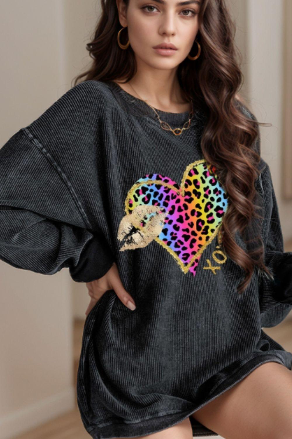 Leopard Heart Drop Shoulder Long Sleeve Sweatshirt - Modestly Vogue 