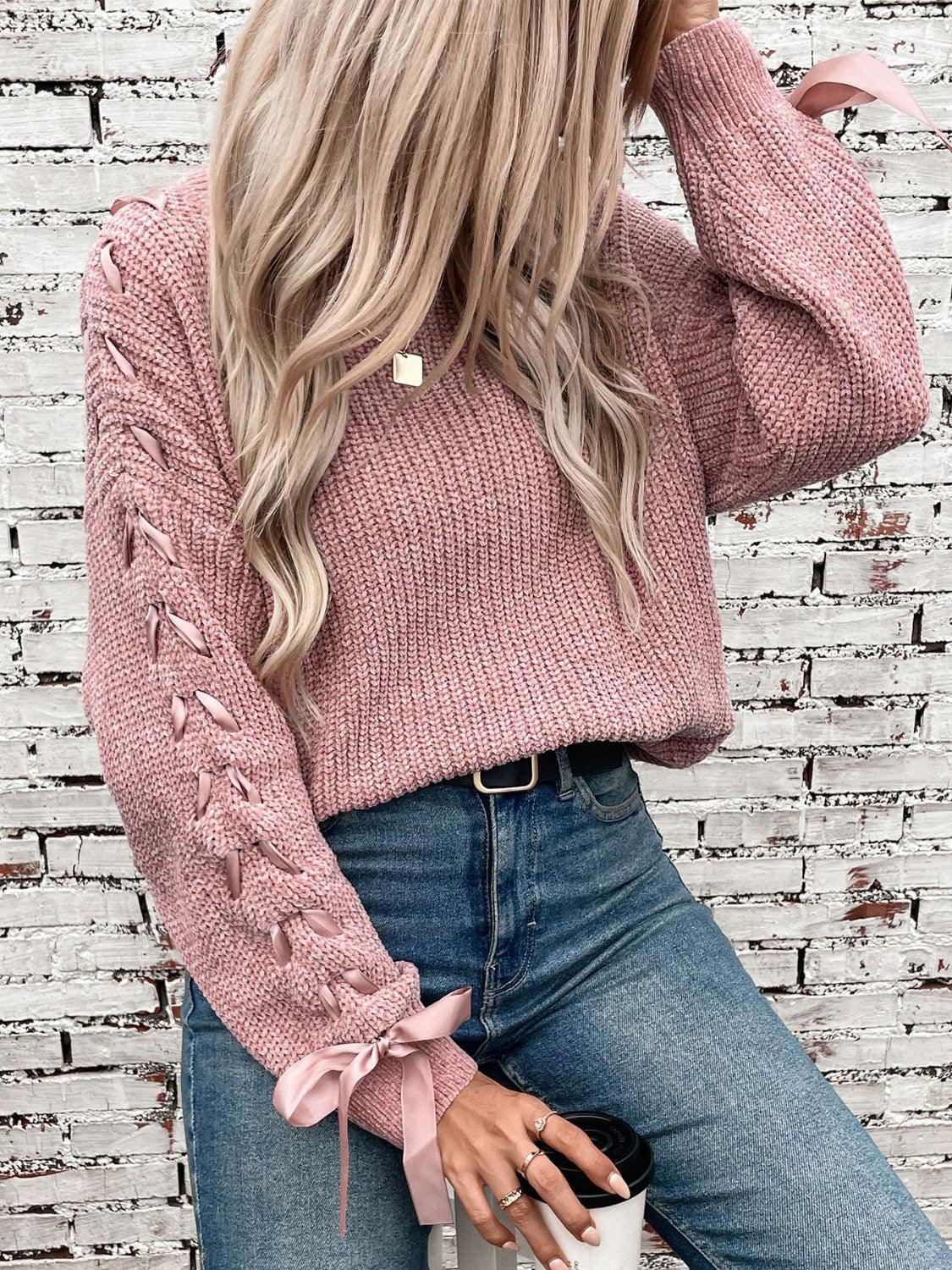 Sweaters Women – | Lace Up Round Neck Long Sleeve Sweater - Modestly Vogue 