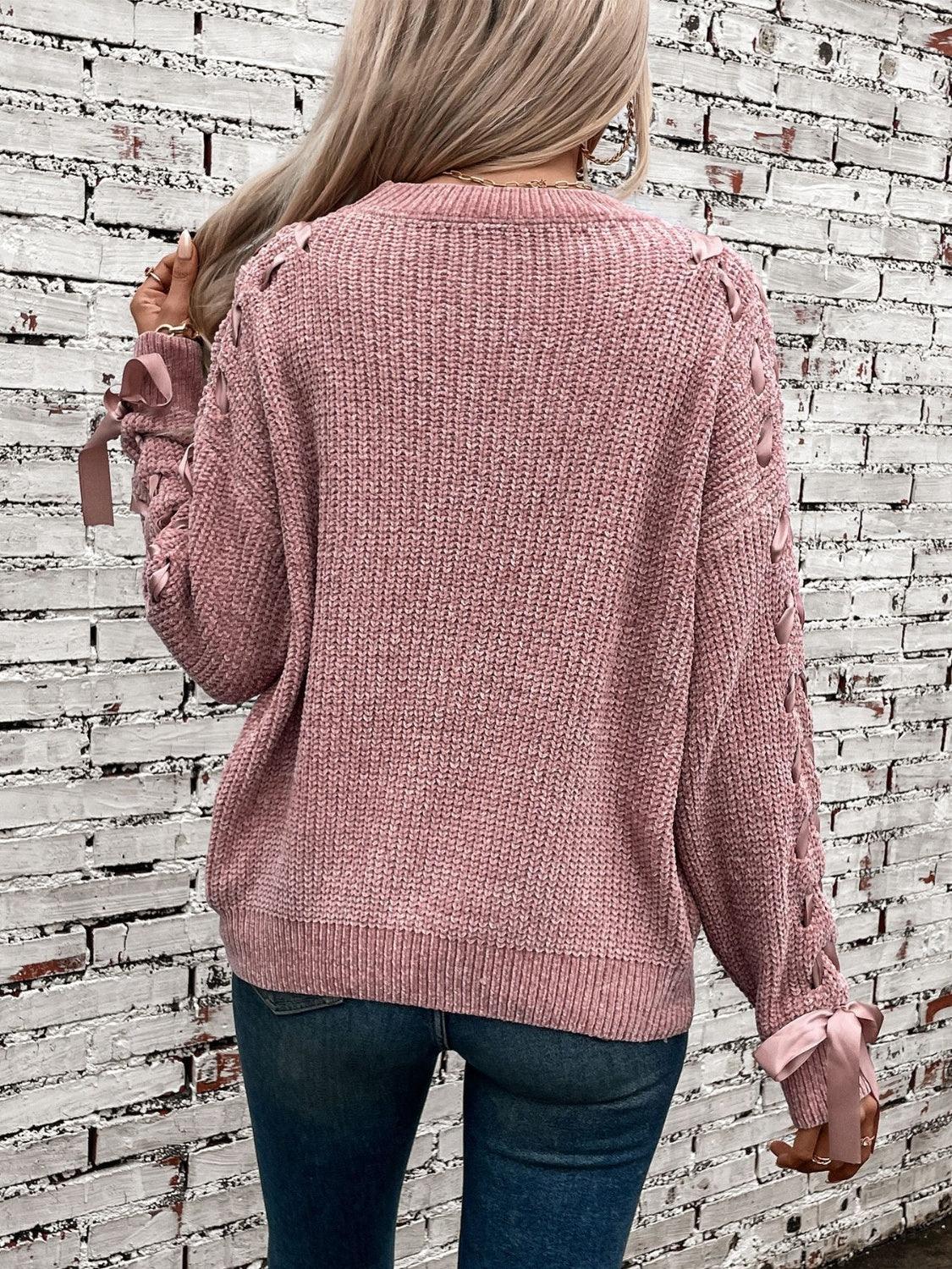 Sweaters Women – | Lace Up Round Neck Long Sleeve Sweater - Modestly Vogue 