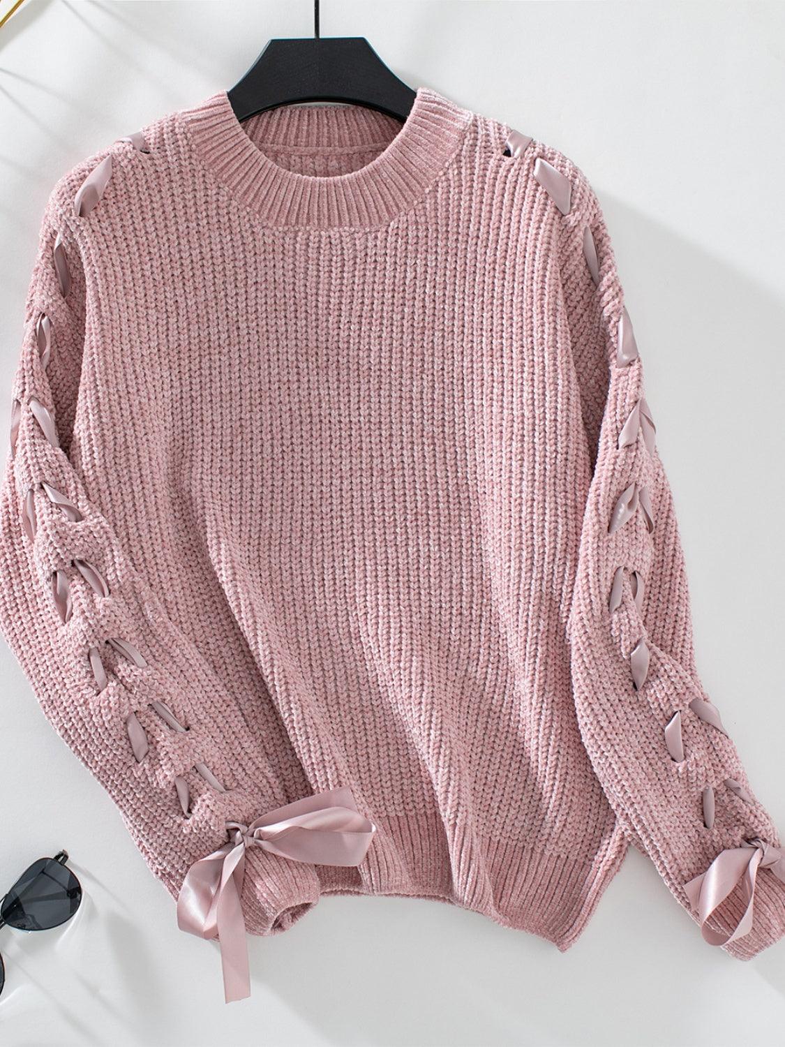 Sweaters Women – | Lace Up Round Neck Long Sleeve Sweater - Modestly Vogue 