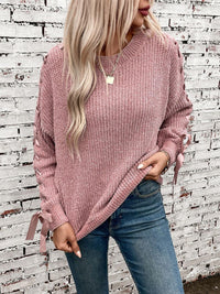 Sweaters Women – | Lace Up Round Neck Long Sleeve Sweater - Modestly Vogue 