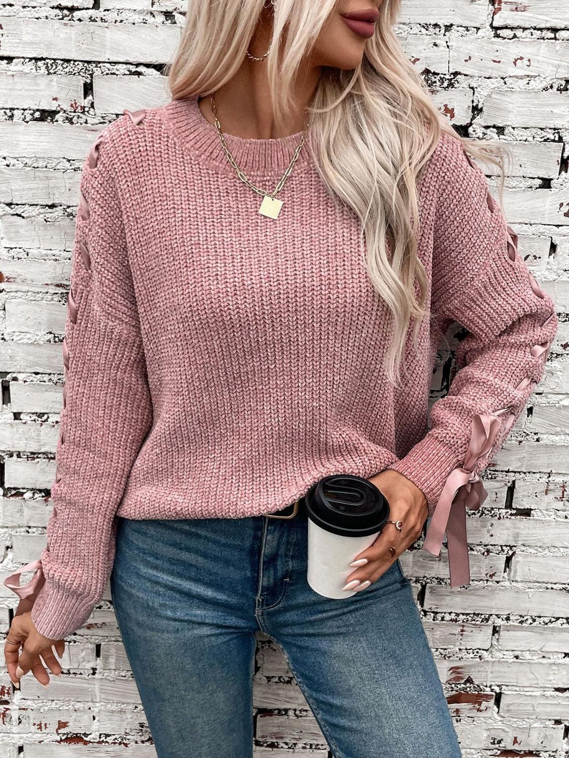 Sweaters Women – | Lace Up Round Neck Long Sleeve Sweater - Modestly Vogue 