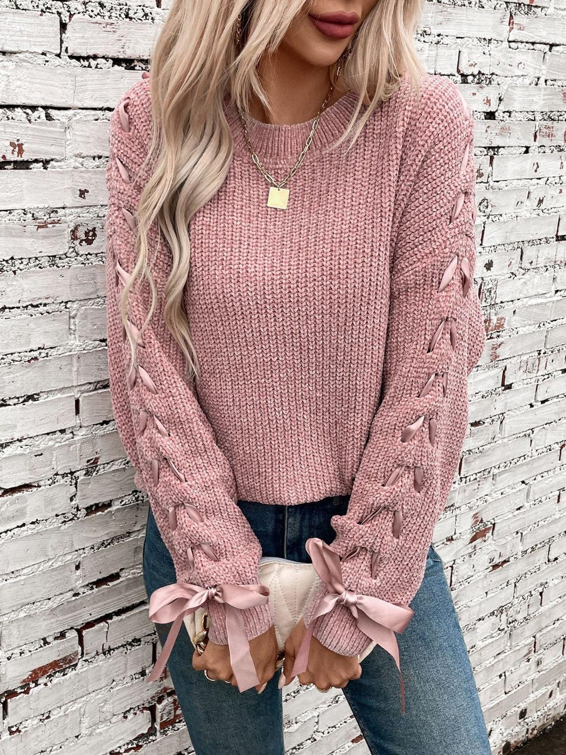 Sweaters Women – | Lace Up Round Neck Long Sleeve Sweater - Modestly Vogue 