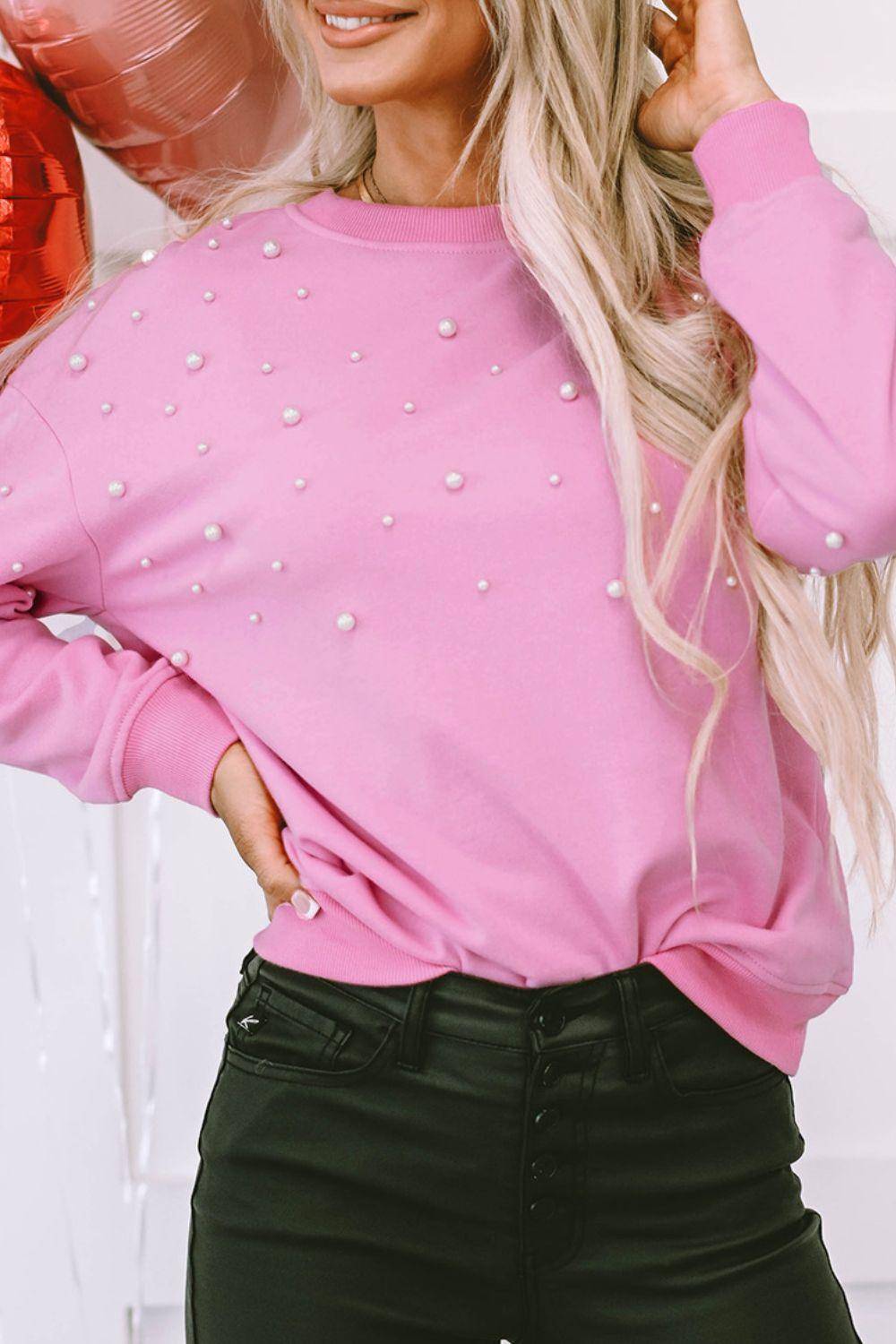 Pearl Detail Ribbed Round Neck Sweatshirt | Women - Modestly Vogue 