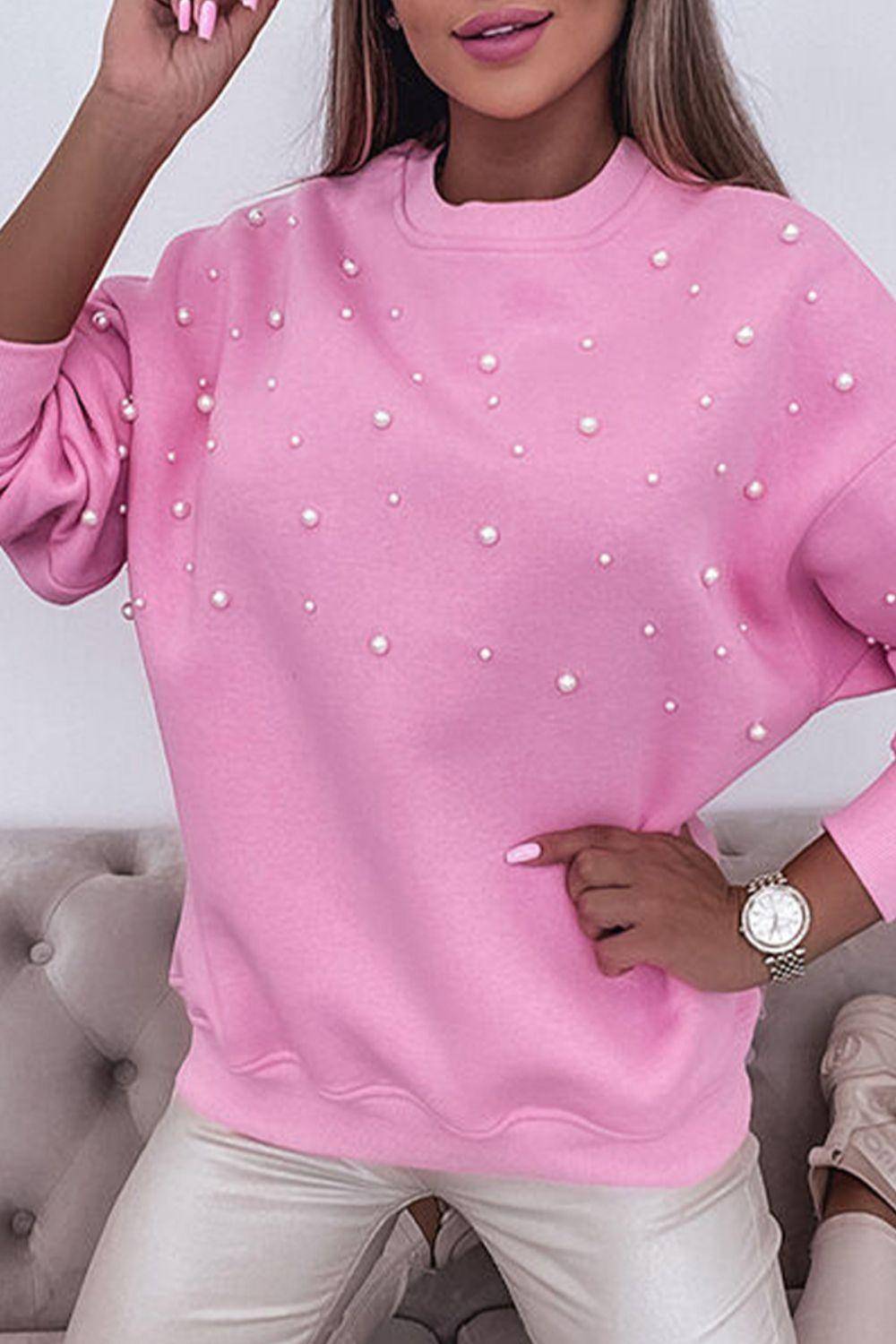 Pearl Detail Ribbed Round Neck Sweatshirt | Women - Modestly Vogue 