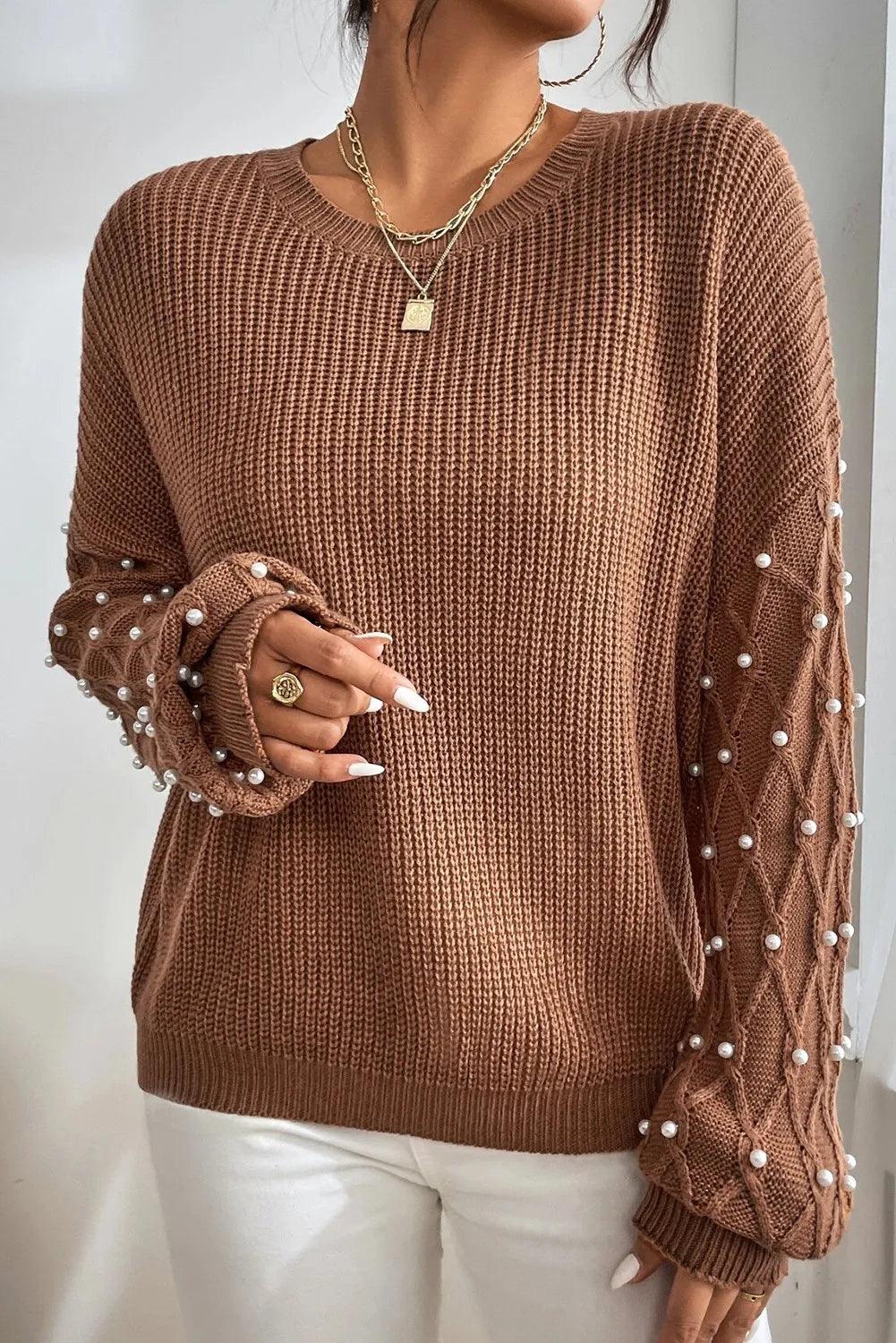 Pearl Detail Round Neck Long Sleeve Sweater | Cozy Sweater Women - Modestly Vogue 