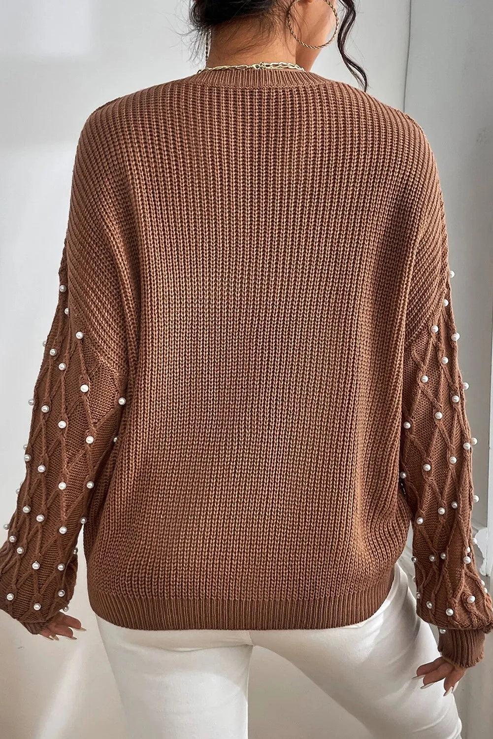 Pearl Detail Round Neck Long Sleeve Sweater | Cozy Sweater Women - Modestly Vogue 