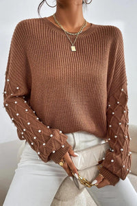 Pearl Detail Round Neck Long Sleeve Sweater | Cozy Sweater Women - Modestly Vogue 