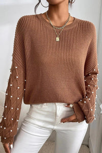 Pearl Detail Round Neck Long Sleeve Sweater | Cozy Sweater Women - Modestly Vogue 