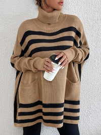 Striped Turtleneck Batwing Sleeve Sweater with Pockets | Sweater Women - Modestly Vogue 