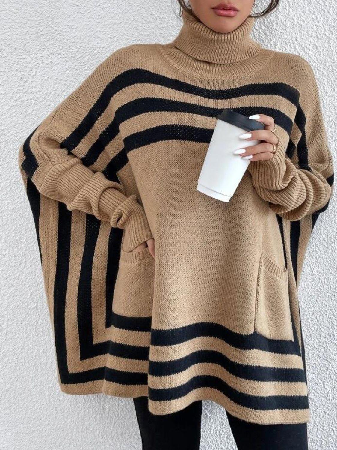 Striped Turtleneck Batwing Sleeve Sweater with Pockets | Sweater Women - Modestly Vogue 