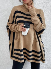 Striped Turtleneck Batwing Sleeve Sweater with Pockets | Sweater Women - Modestly Vogue 