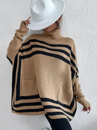 Striped Turtleneck Batwing Sleeve Sweater with Pockets | Sweater Women - Modestly Vogue 