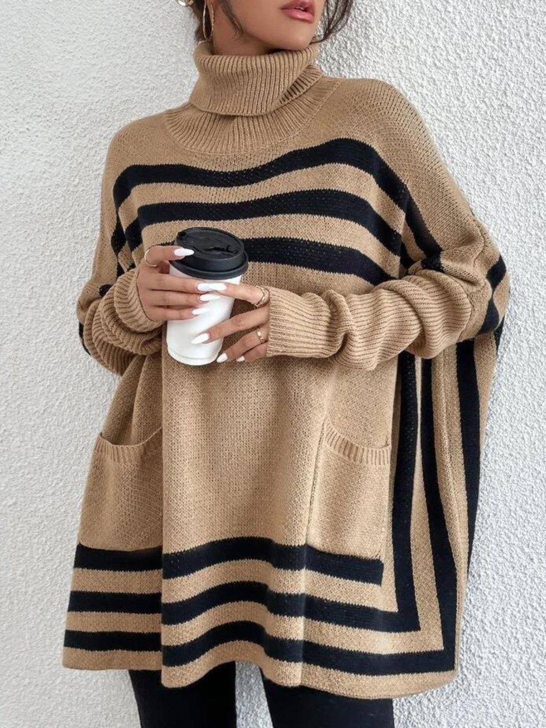 Striped Turtleneck Batwing Sleeve Sweater with Pockets | Sweater Women - Modestly Vogue 