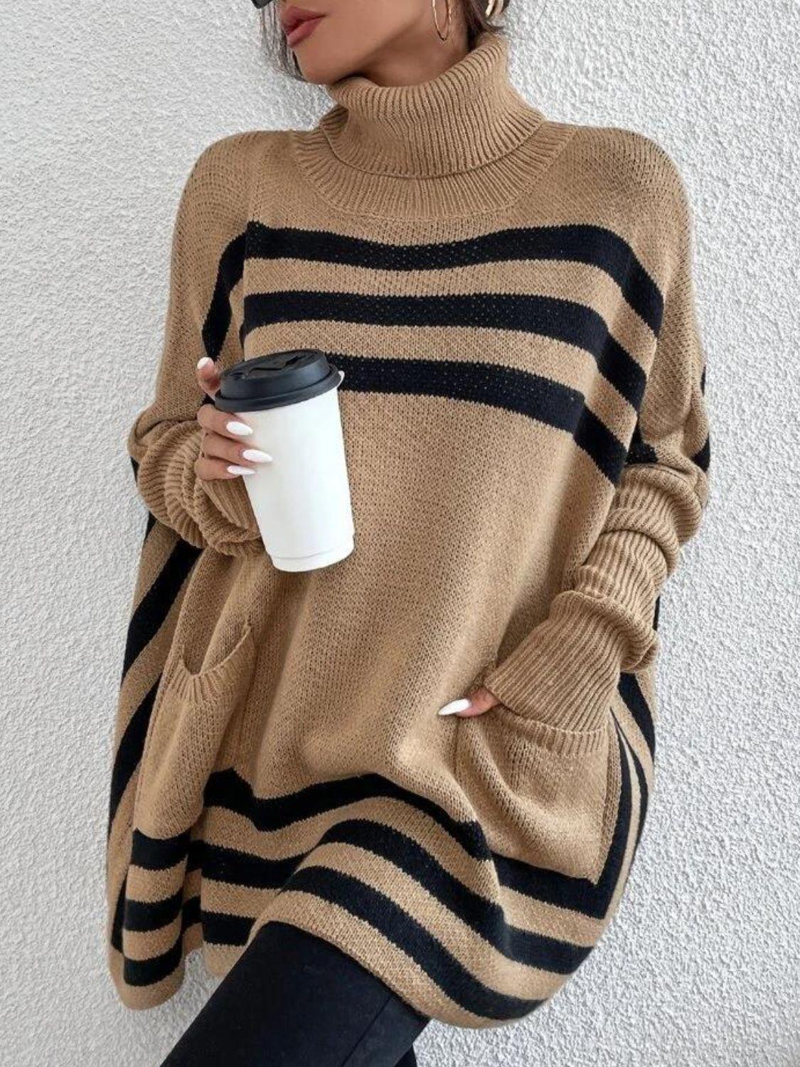 Striped Turtleneck Batwing Sleeve Sweater with Pockets | Sweater Women - Modestly Vogue 