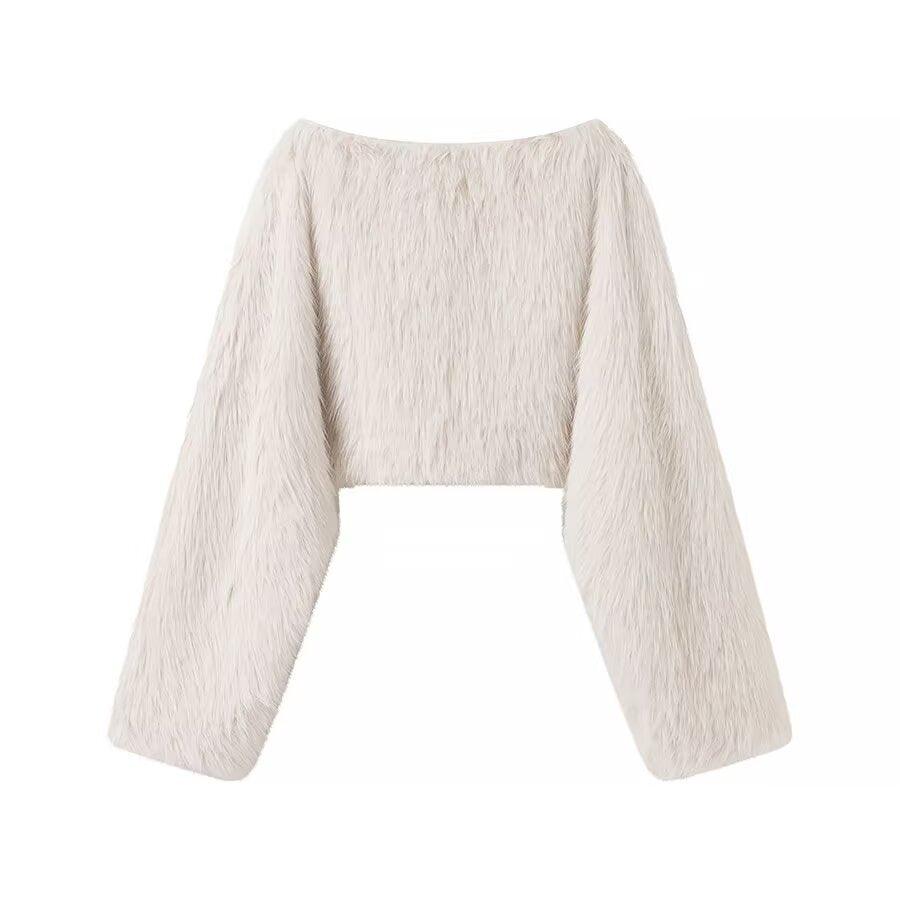 Sweaters Women – | Winter Women round Neck Artificial Fur Effect Short Sweater Loose Top - Modestly Vogue 