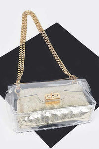 Versatile Handbag | Stylish & Functional 2 In 1 Metallic Pouch Clear Shoulder Bag - Modestly Vogue 