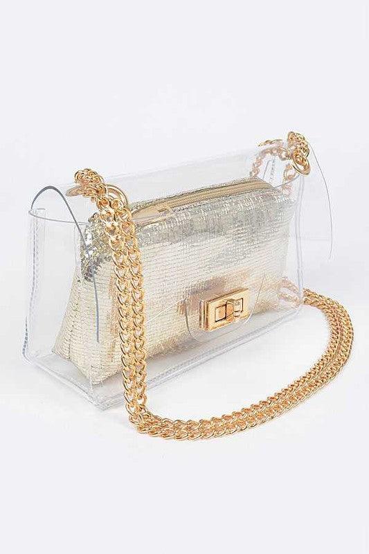 Versatile Handbag | Stylish & Functional 2 In 1 Metallic Pouch Clear Shoulder Bag - Modestly Vogue 