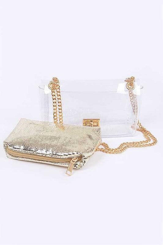 Versatile Handbag | Stylish & Functional 2 In 1 Metallic Pouch Clear Shoulder Bag - Modestly Vogue 