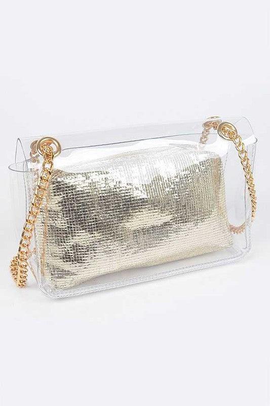 Versatile Handbag | Stylish & Functional 2 In 1 Metallic Pouch Clear Shoulder Bag - Modestly Vogue 