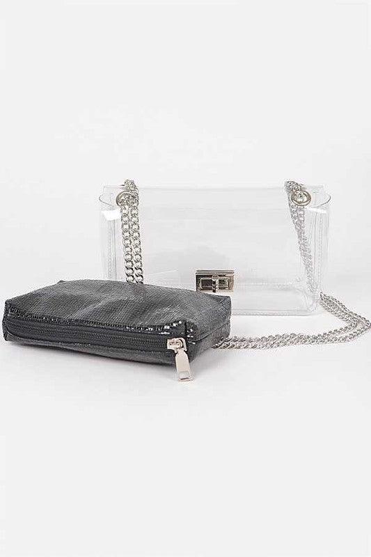 Versatile Handbag | Stylish & Functional 2 In 1 Metallic Pouch Clear Shoulder Bag - Modestly Vogue 