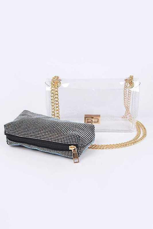 Versatile Handbag | Stylish & Functional 2 In 1 Rhinestone Pouch Clear Shoulder Bag - Modestly Vogue 