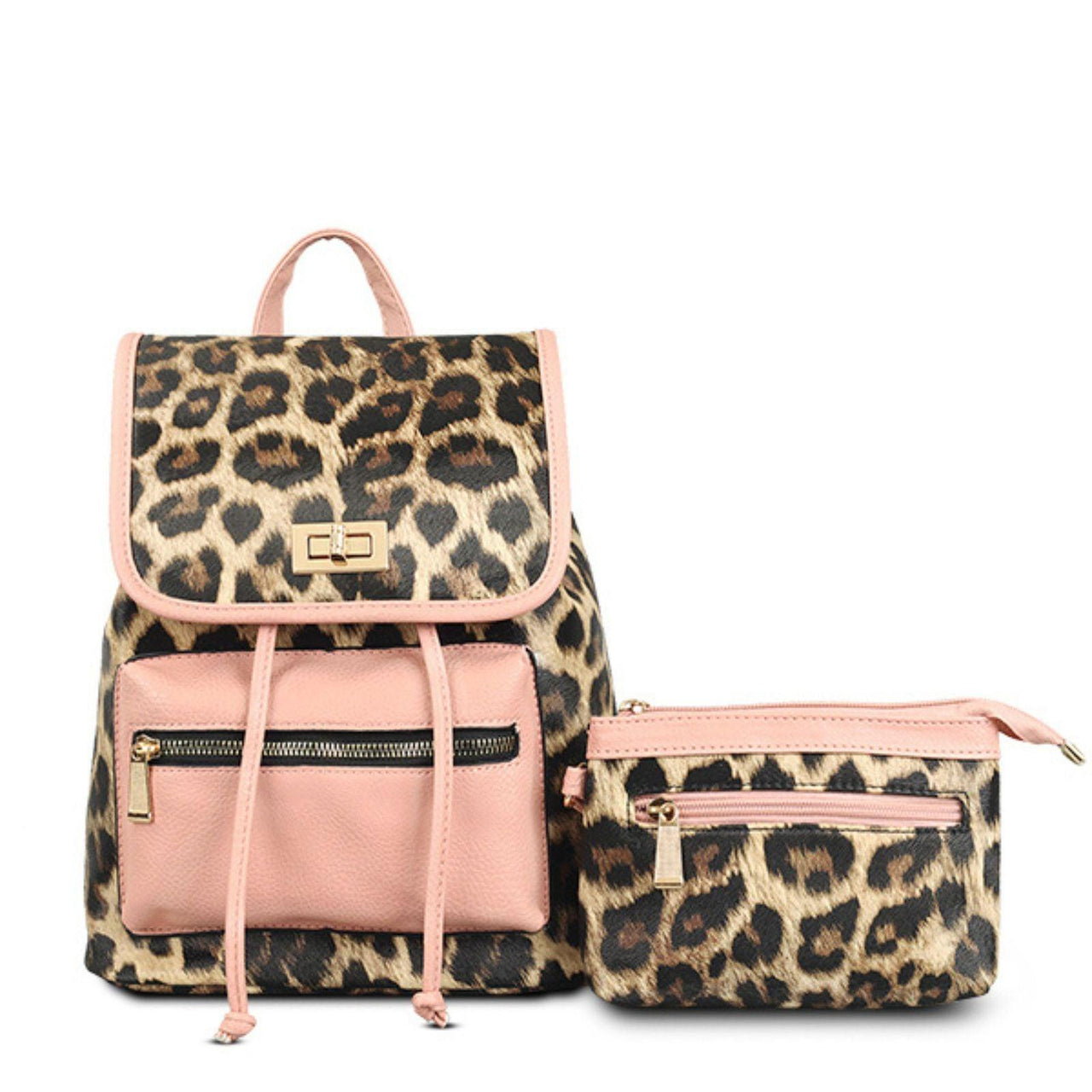 Versatile Handbag | Stylish & Functional Backpack Leopard and Pink Flap Bag Set for Women - Modestly Vogue 