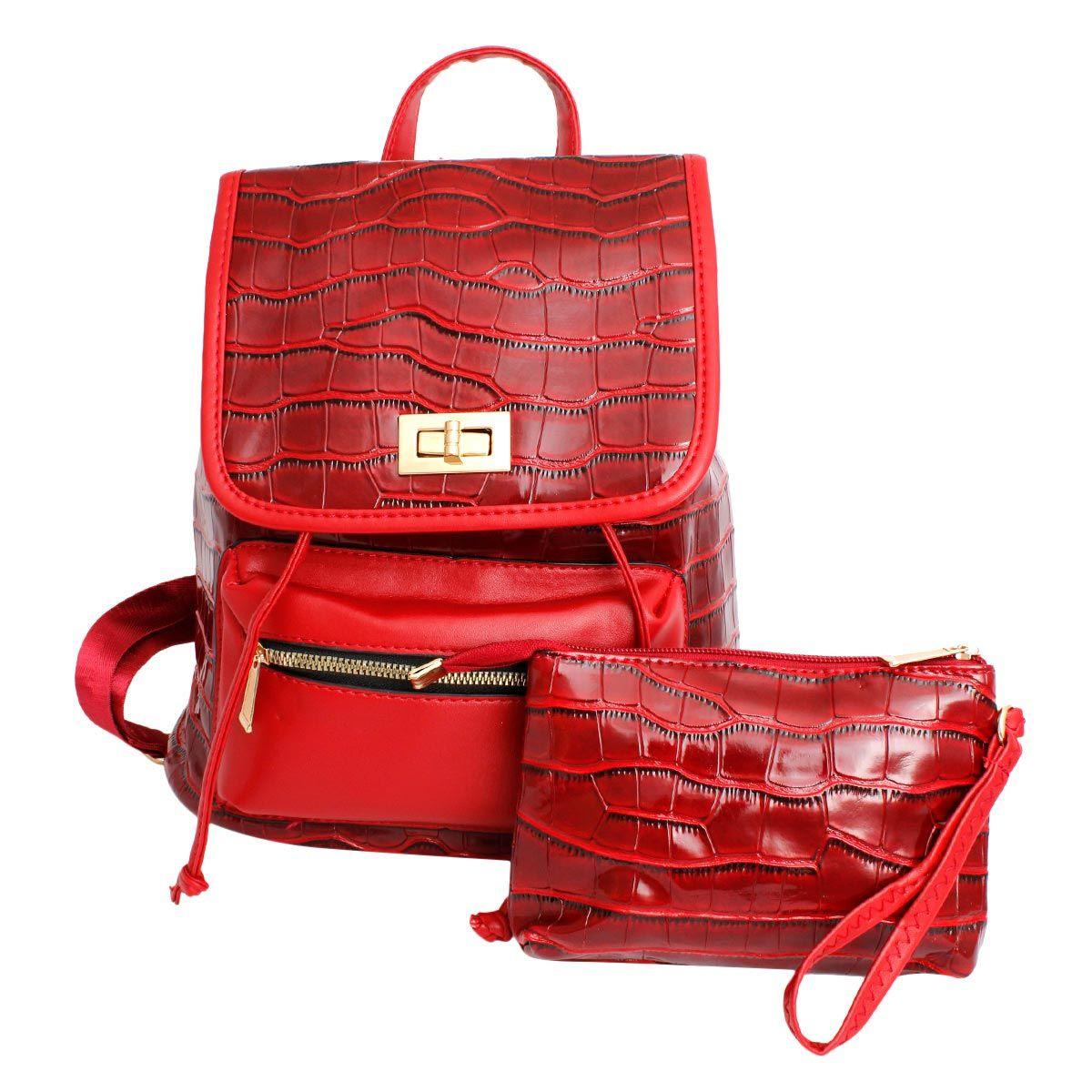 Versatile Handbag | Stylish & Functional Backpack Red Croc Flap Bag Set for Women - Modestly Vogue 