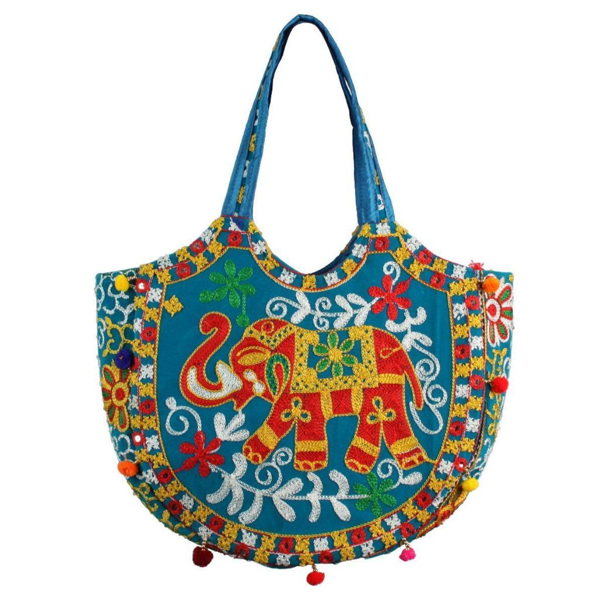 Versatile Handbag | Stylish & Functional Blue Embroidered Elephant Tote - Modestly Vogue 