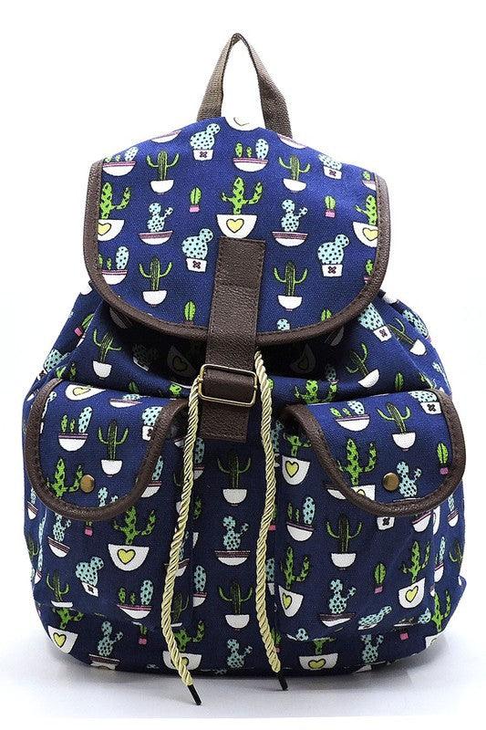 Boho Chic Handbag | Functional Cactus Printed Canvas Backpack - Modestly Vogue 