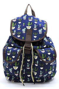 Boho Chic Handbag | Functional Cactus Printed Canvas Backpack - Modestly Vogue 