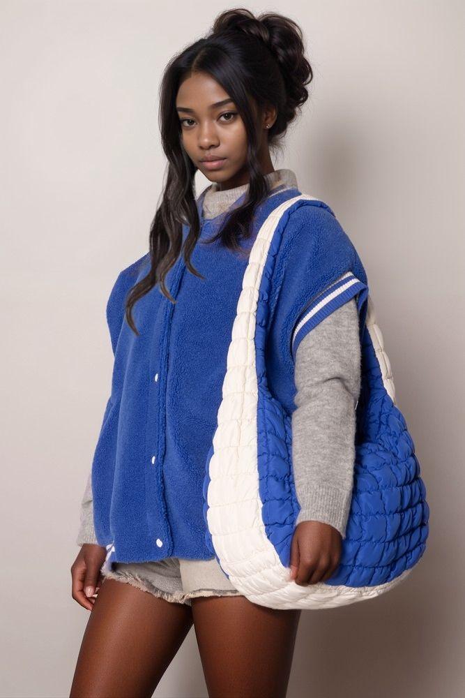 Versatile Handbag | Stylish & Functional Large Blue Ivory Quilted Shoulder Bag - Modestly Vogue 