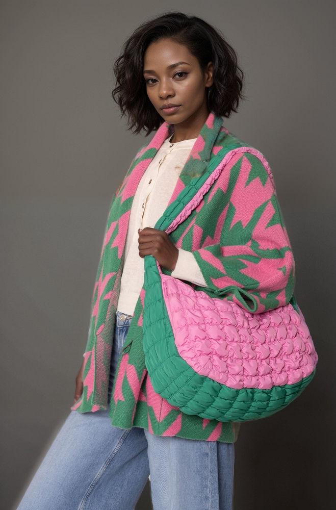 Versatile Handbag | Stylish & Functional Large Pink Green Quilted Shoulder Bag - Modestly Vogue 