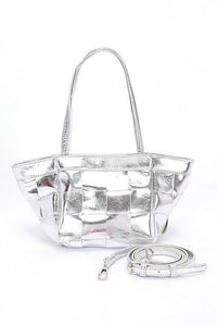 Versatile Handbag | Stylish & Functional Metallic Faux Leather Weaved Small Tote Bag - Modestly Vogue 