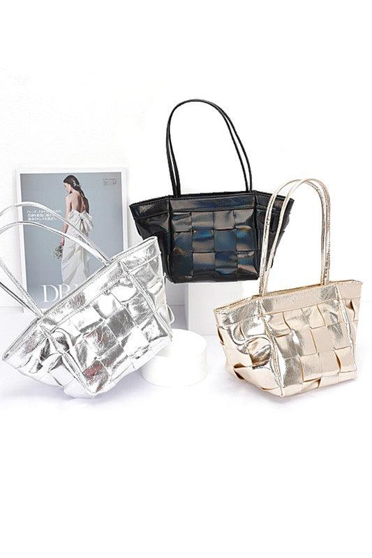 Versatile Handbag | Stylish & Functional Metallic Faux Leather Weaved Small Tote Bag - Modestly Vogue 