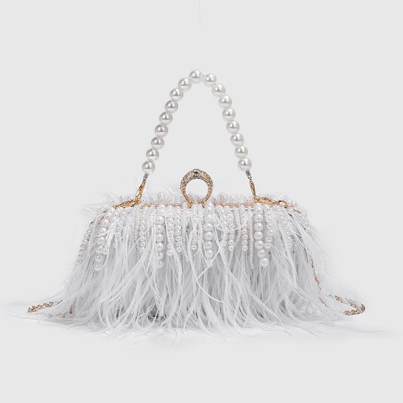 Versatile Handbag | Stylish & Functional Ostrich Feather Ring Box Bag Women Pearl Chain Crossbody Single Shoulder Fluff Women Bag - Modestly Vogue 