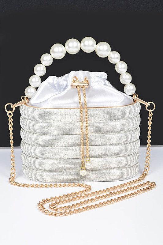 Versatile Handbag | Stylish & Functional Pearl Handle Rhinestone Statement Bucket Clutch - Modestly Vogue 