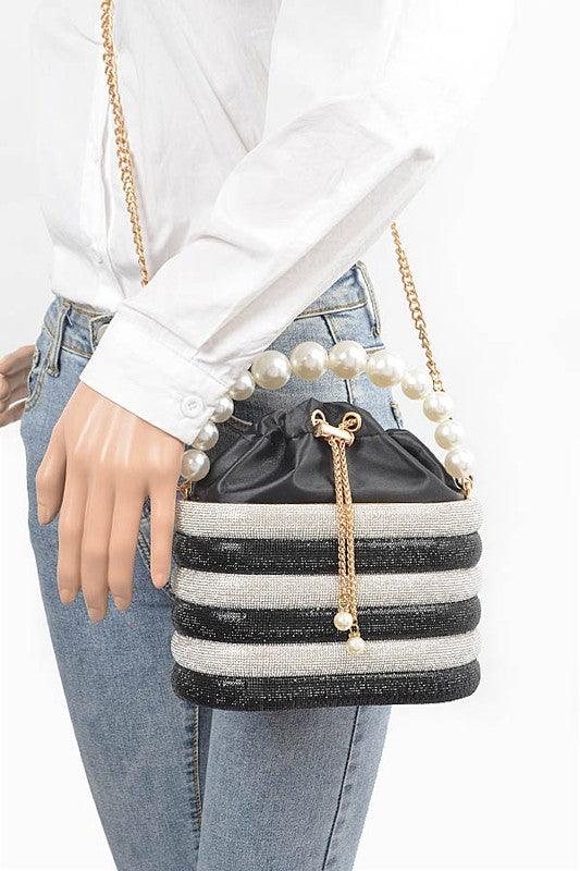 Versatile Handbag | Stylish & Functional Pearl Handle Rhinestone Statement Bucket Clutch - Modestly Vogue 