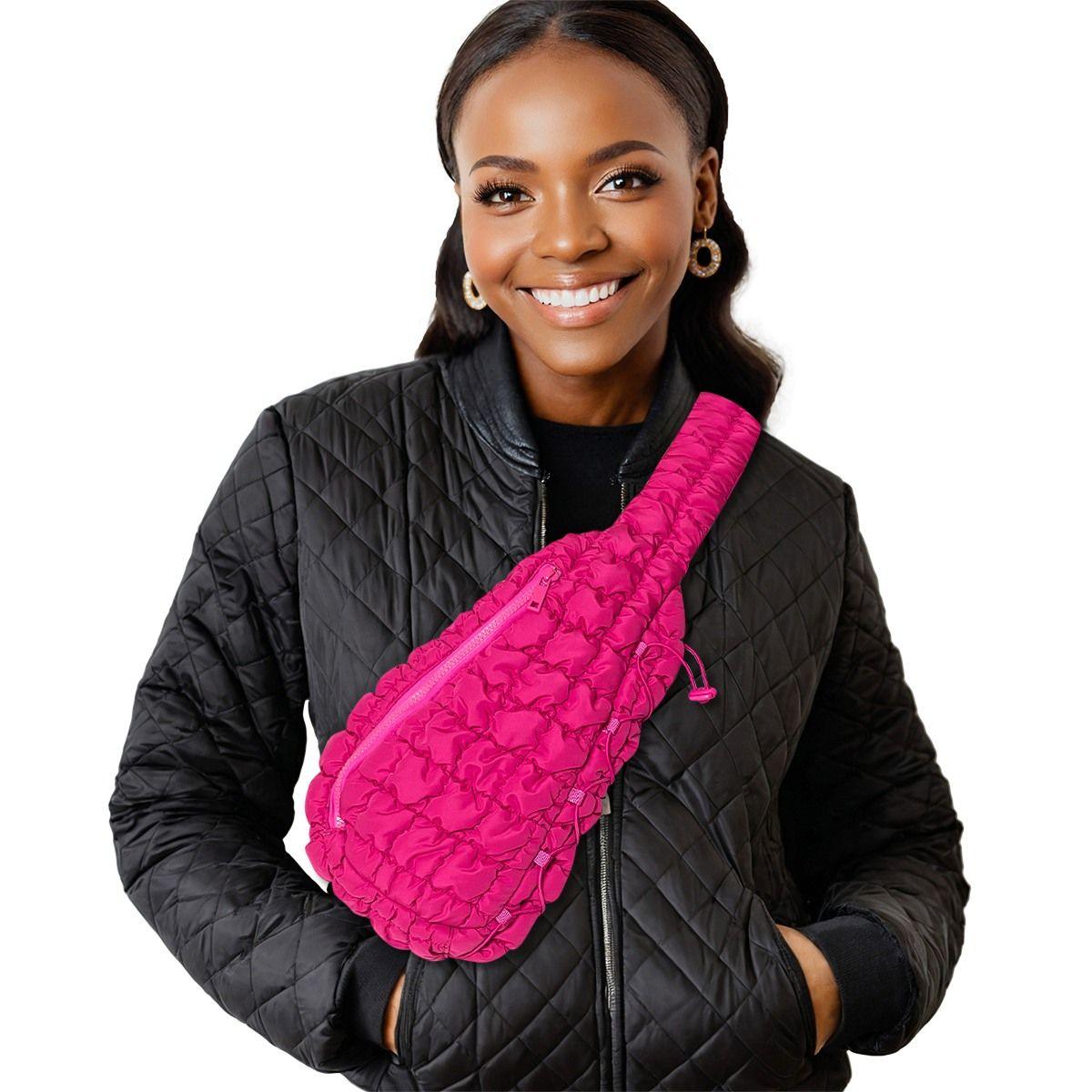 Versatile Handbag | Stylish & Functional Quilted Sling Bag Fuchsia Crossbody Bag for Women - Modestly Vogue 